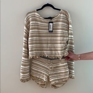 Tan & white striped top and short set